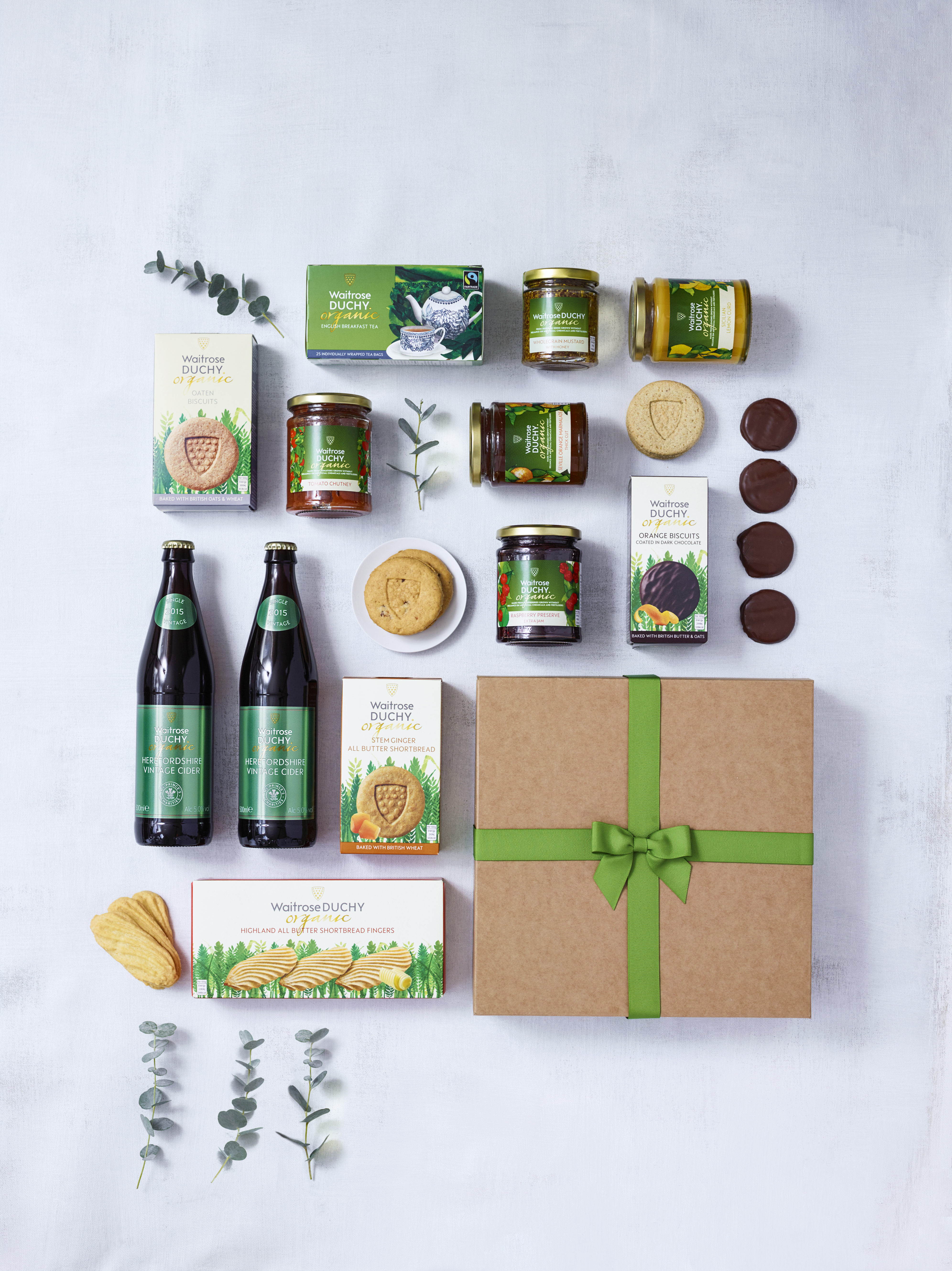 A selection of Waitrose Duchy Organic products laid out on display.